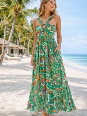 Mila Mae Tropical Maxi Dress M Green Pink Orange Smocked Back Ring Detail Resort